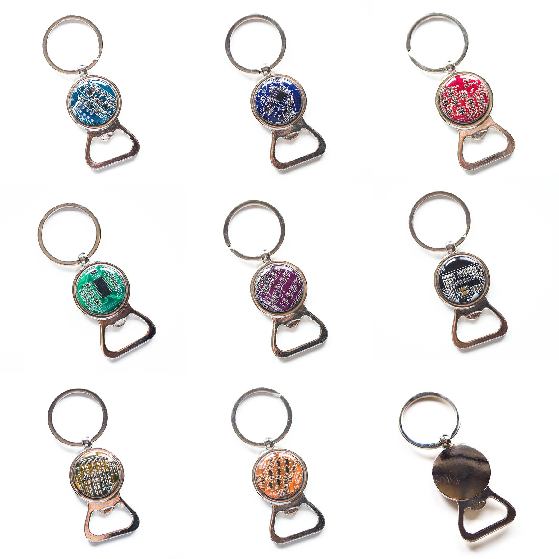 Bottle opener keychain with a circuit board