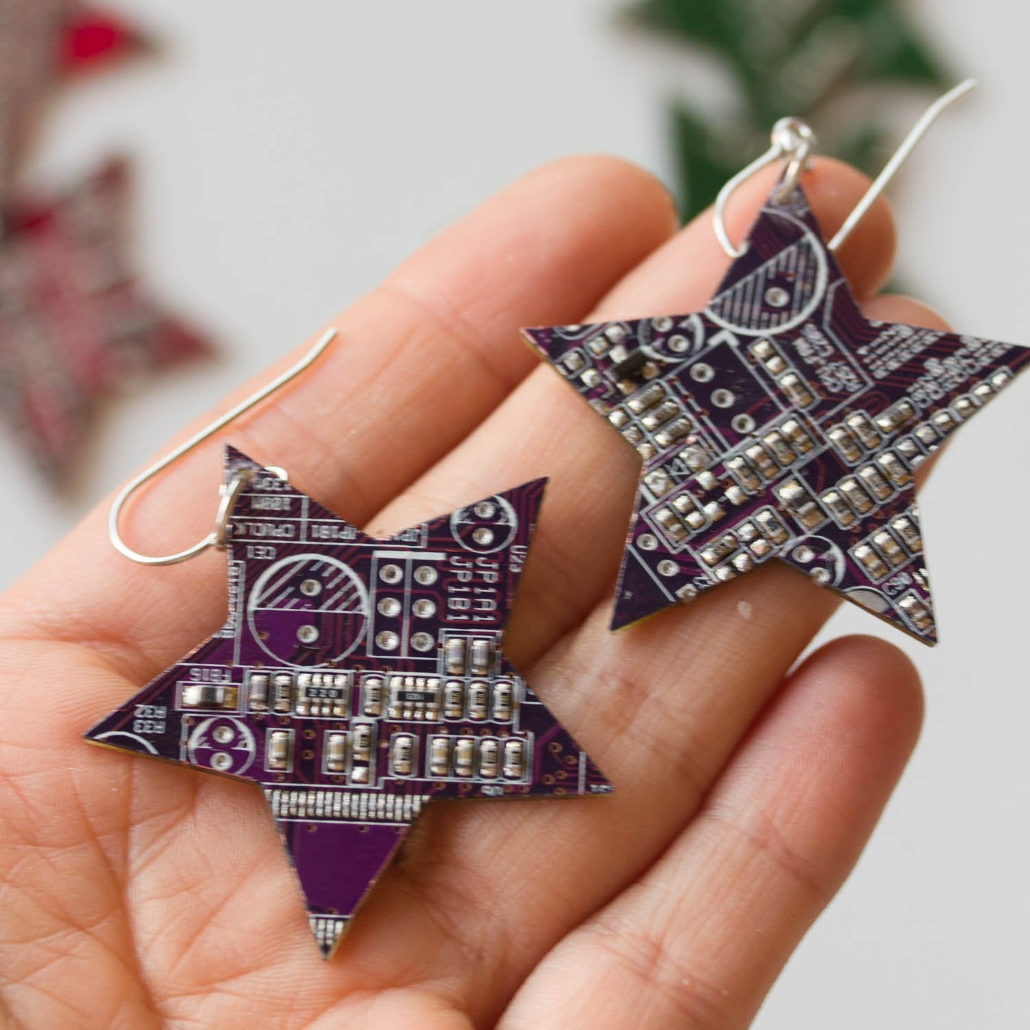 Circuit board star earrings, techie, steampunk