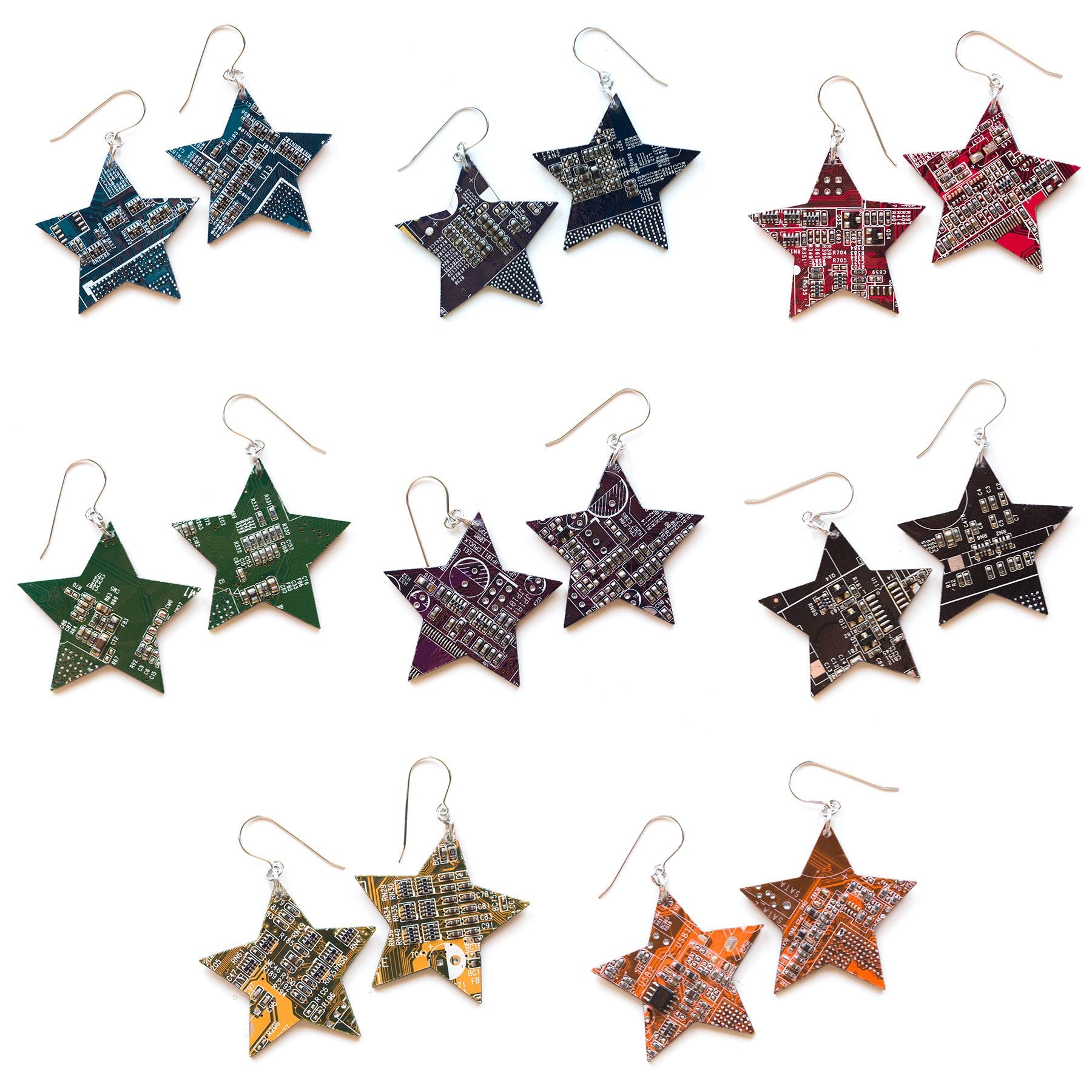 Circuit board star earrings, techie, steampunk