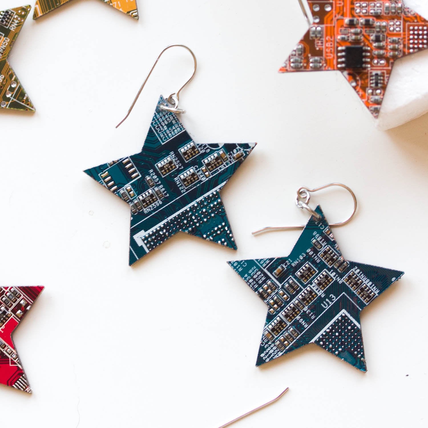 Circuit board star earrings, techie, steampunk