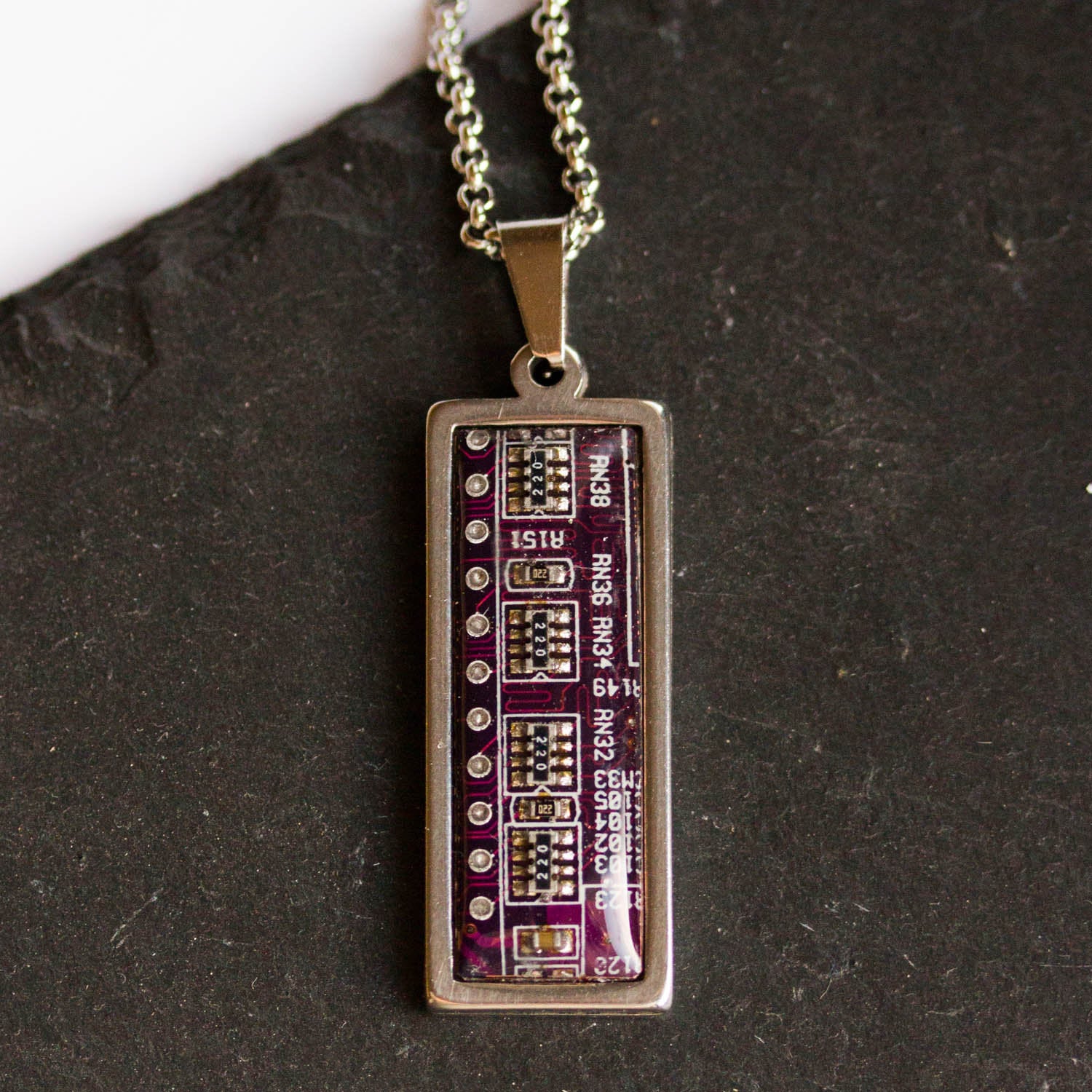 Circuit board necklace, small rectangle