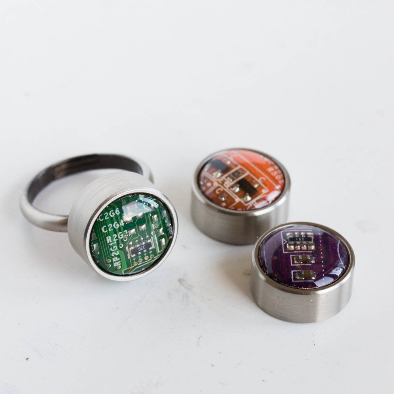 Ring with interchangeable buttons, recycled circuit board ring, unisex jewelry