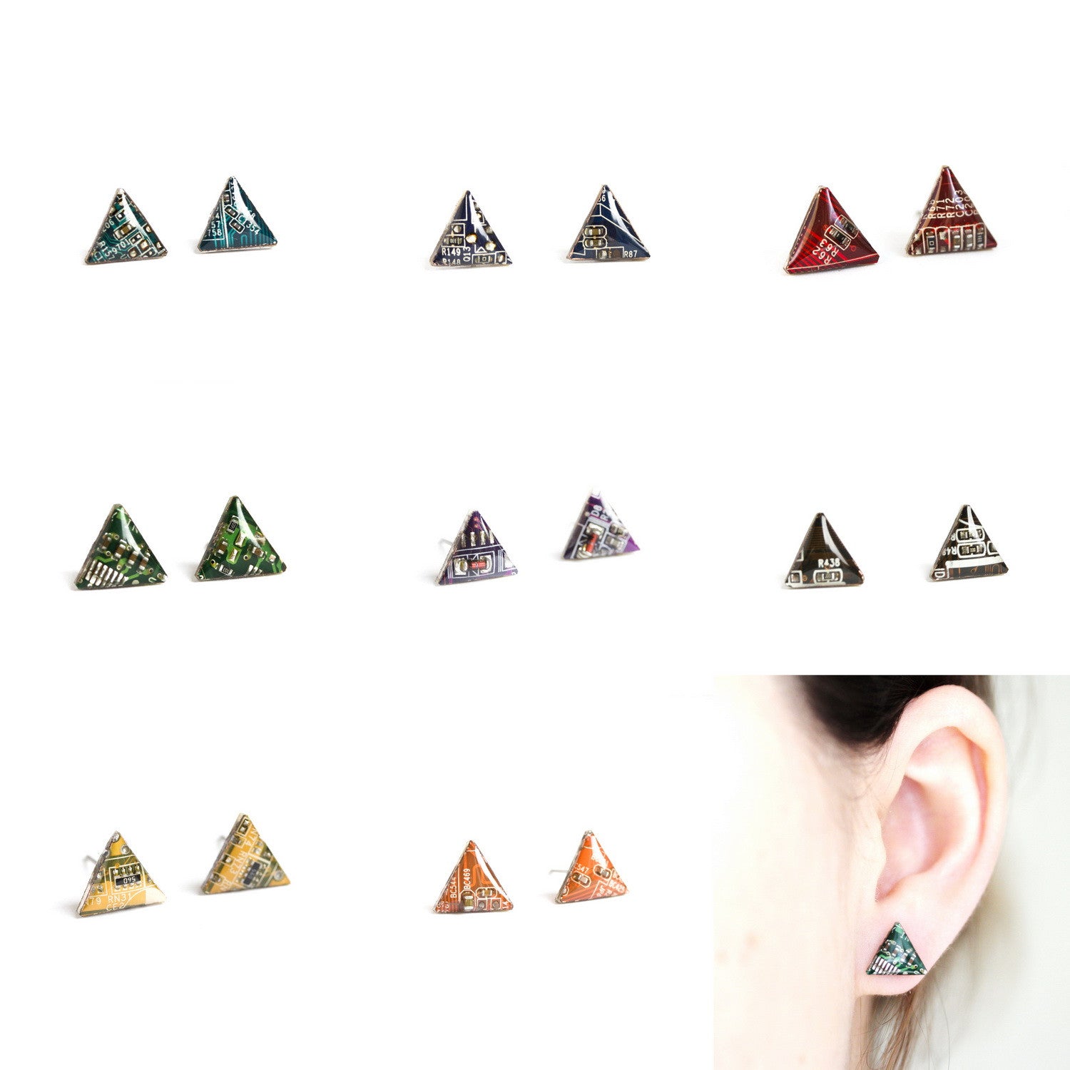 Circuit board triangle stud earrings