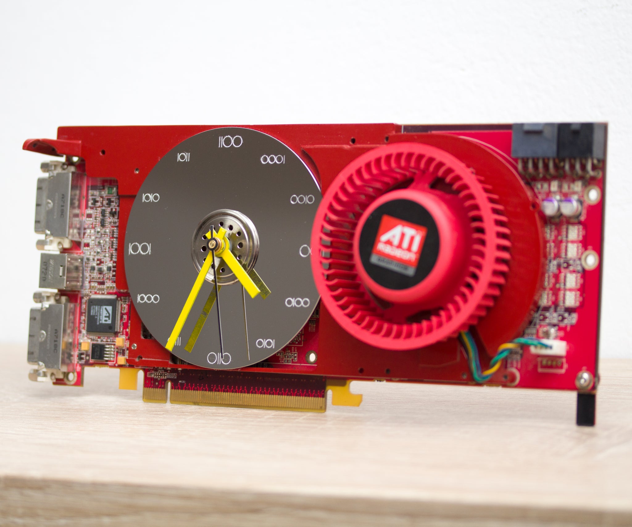 Desk clock made with red circuit board, geeky office clock, Recycled video card clock