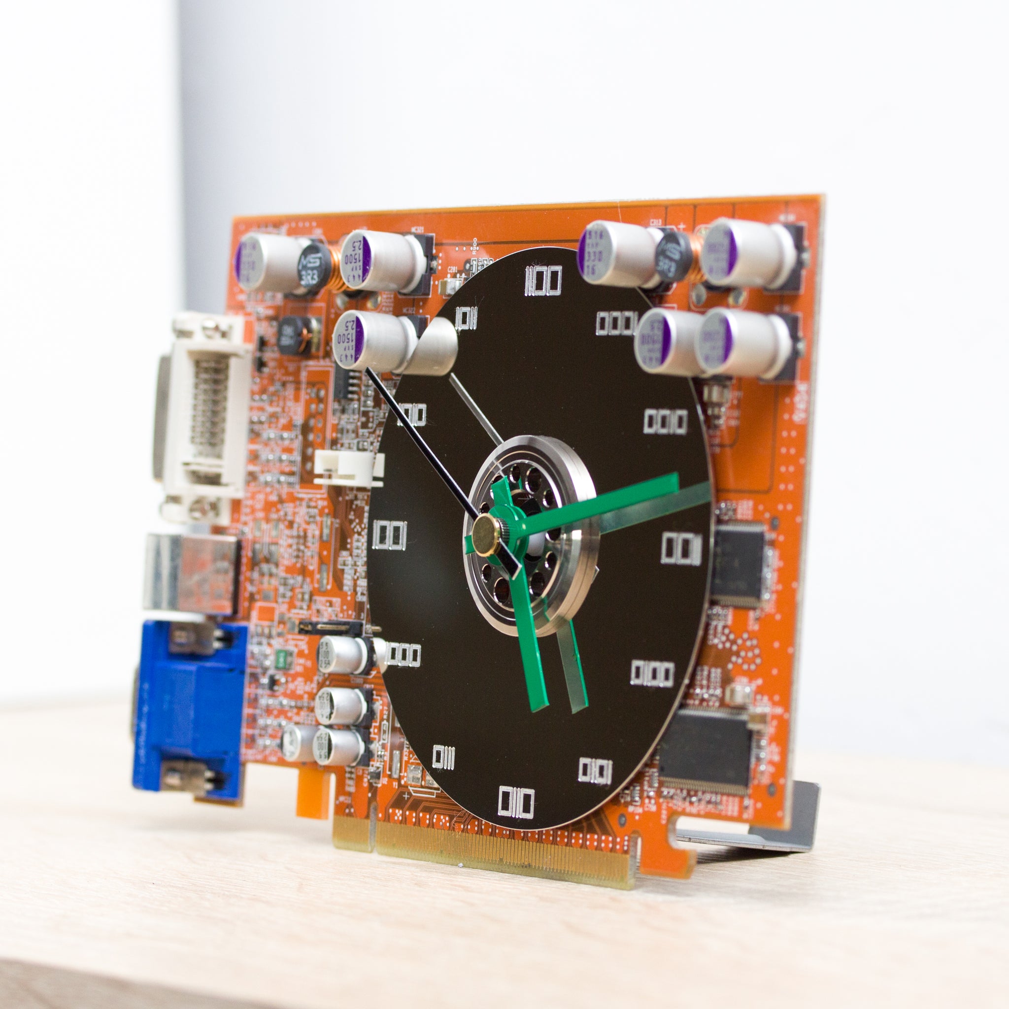 Desk clock for geeky office - Recycled orange graphics card