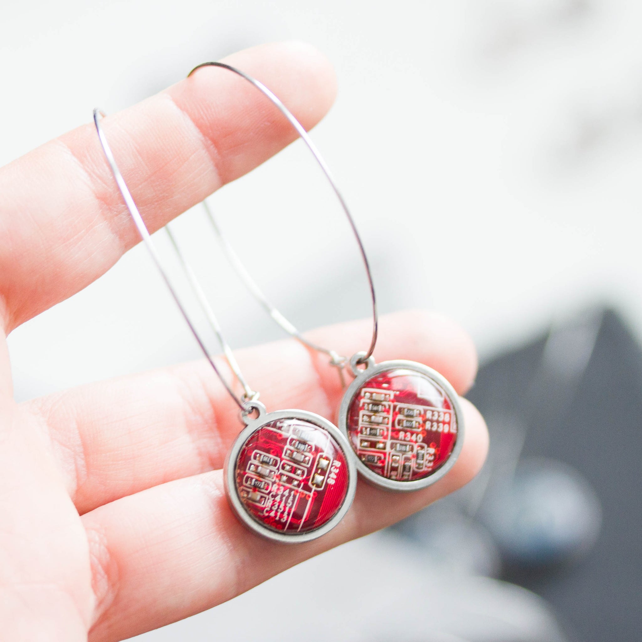 Hoop earrings with 15mm round circuit board pendants, stainless steel