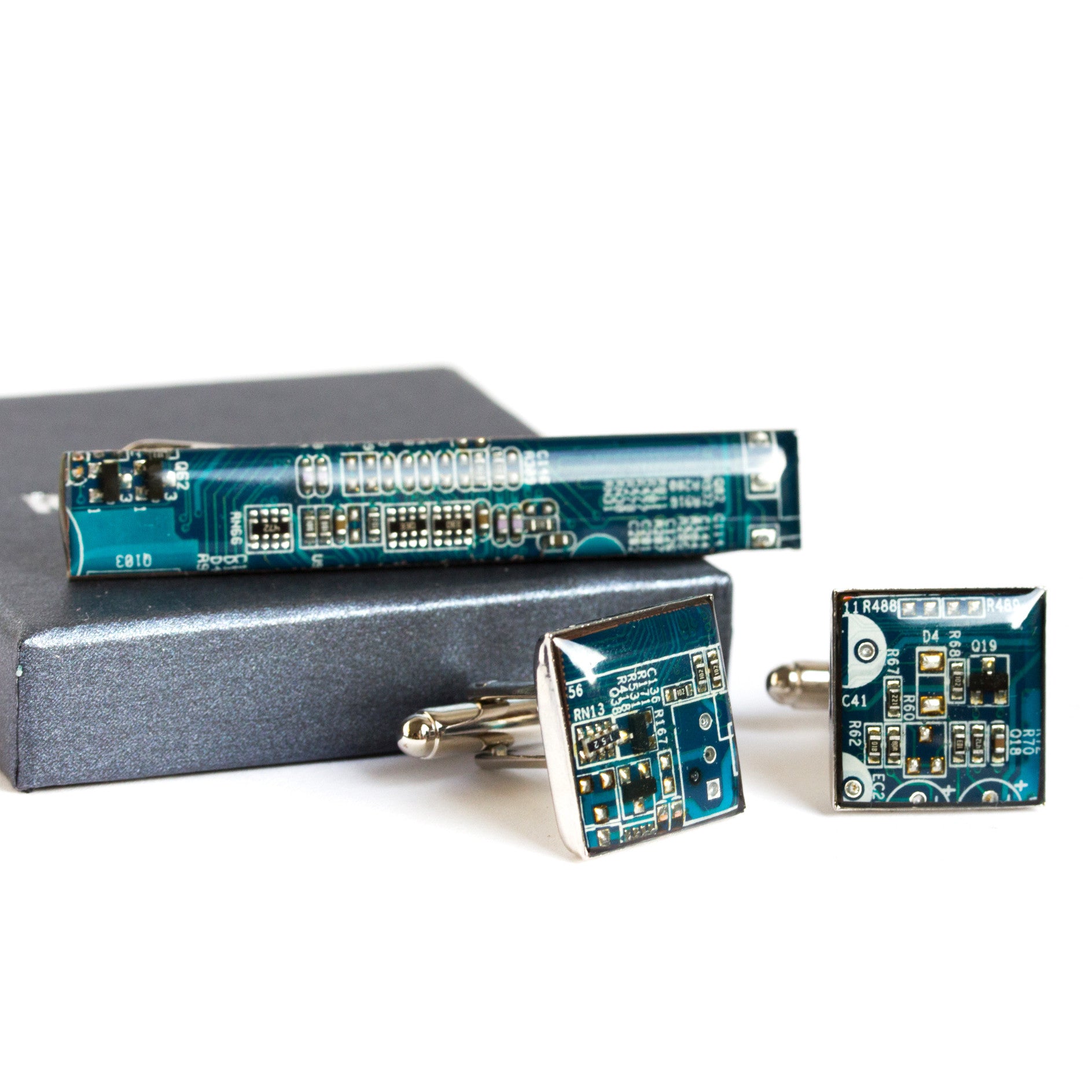 Cufflinks and tie clip set, custom color circuit board