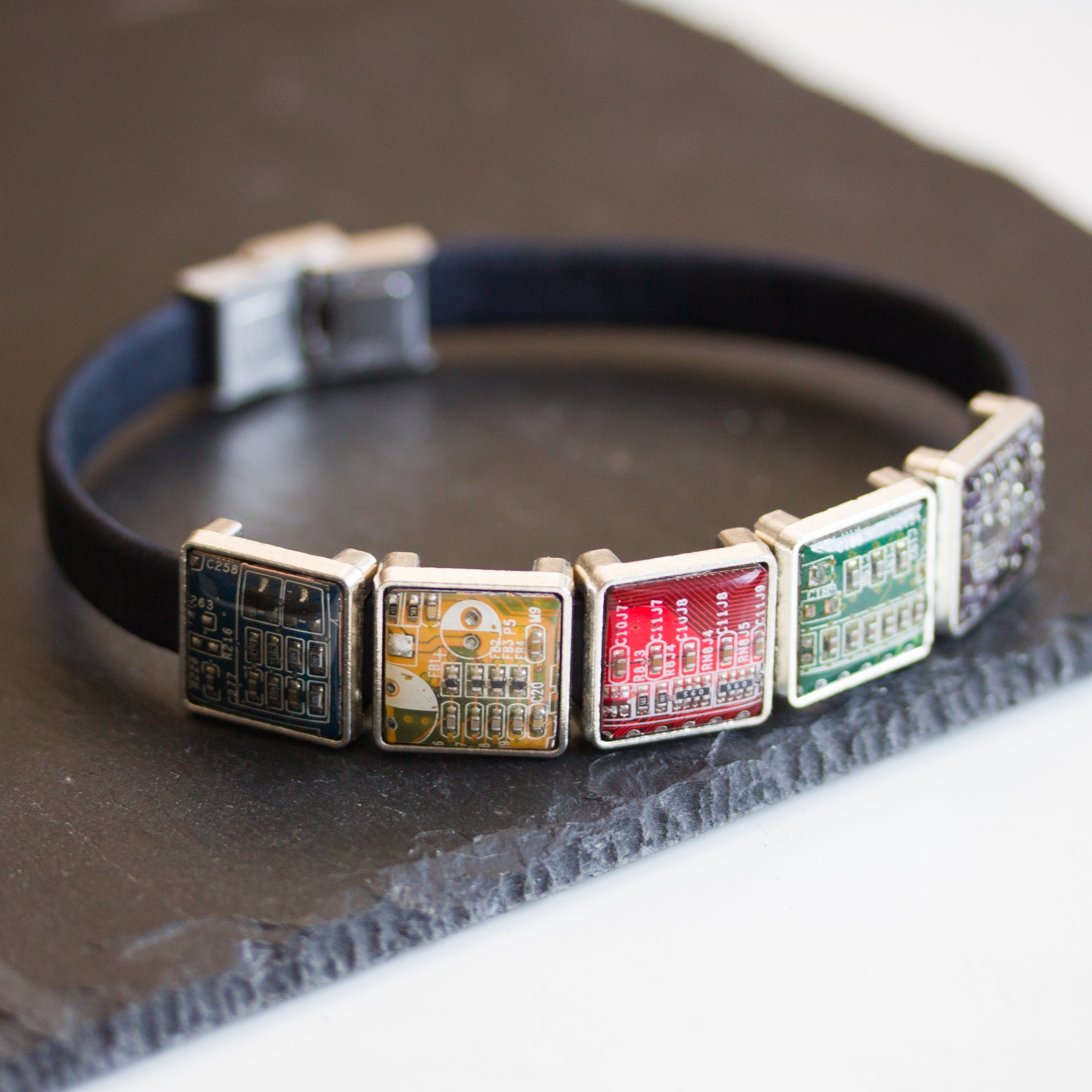Black vegan cork bracelet, 3 or 5 circuit board beads, unisex bracelet, adjustable