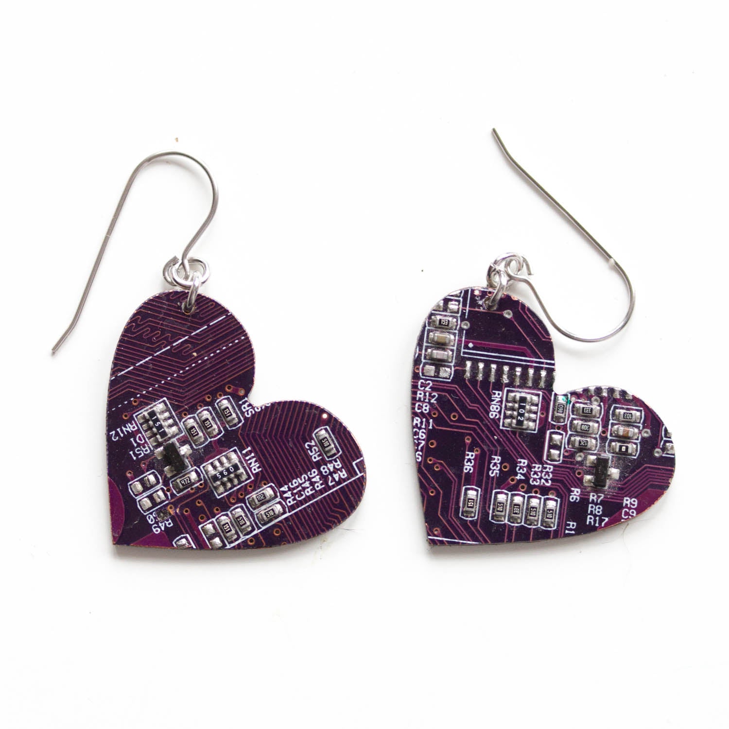Big circuit board heart earrings