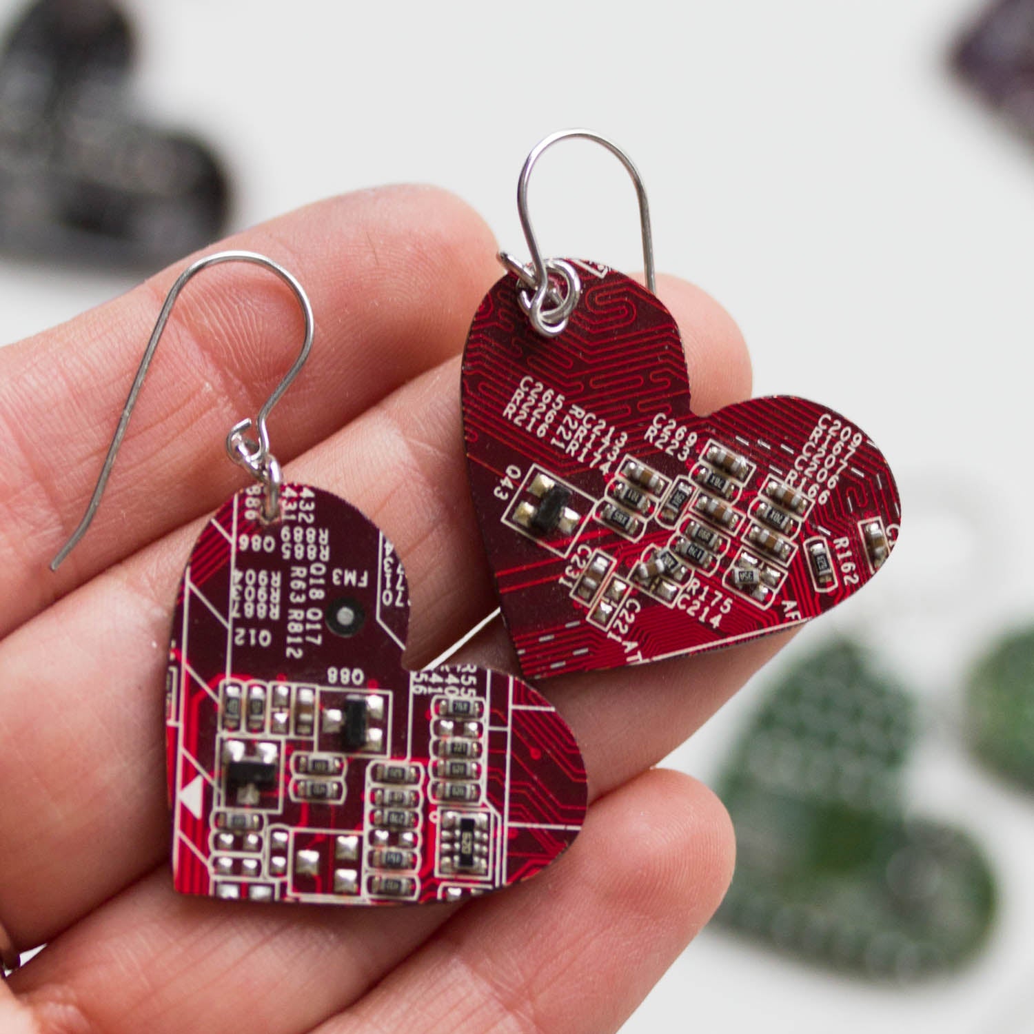 Big circuit board heart earrings