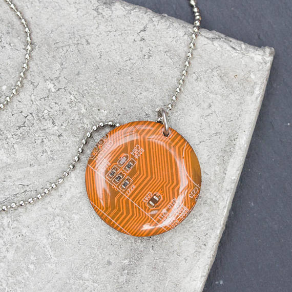 Orange circuit board round necklace