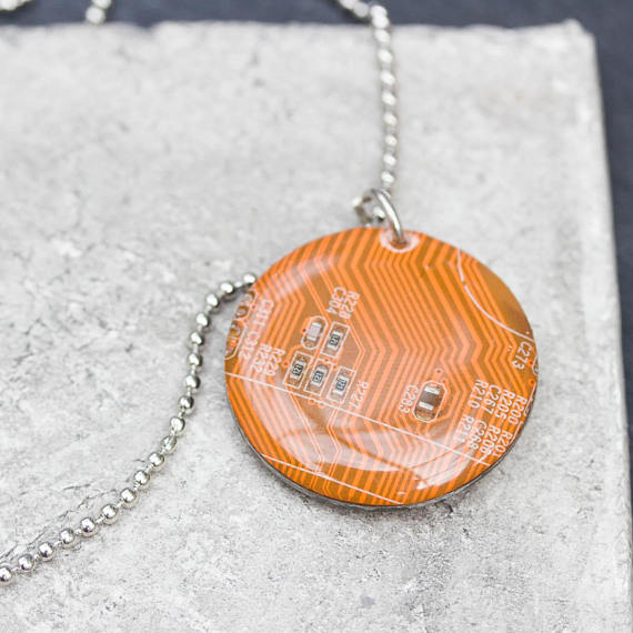 Orange circuit board round necklace