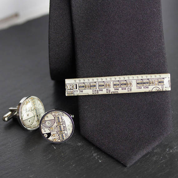 Rare white Circuit board Cuff Links and Tie Clip set, only one piece