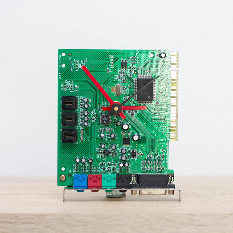 Desk clock - Recycled sound card clock, computer geek gift, green circuit board