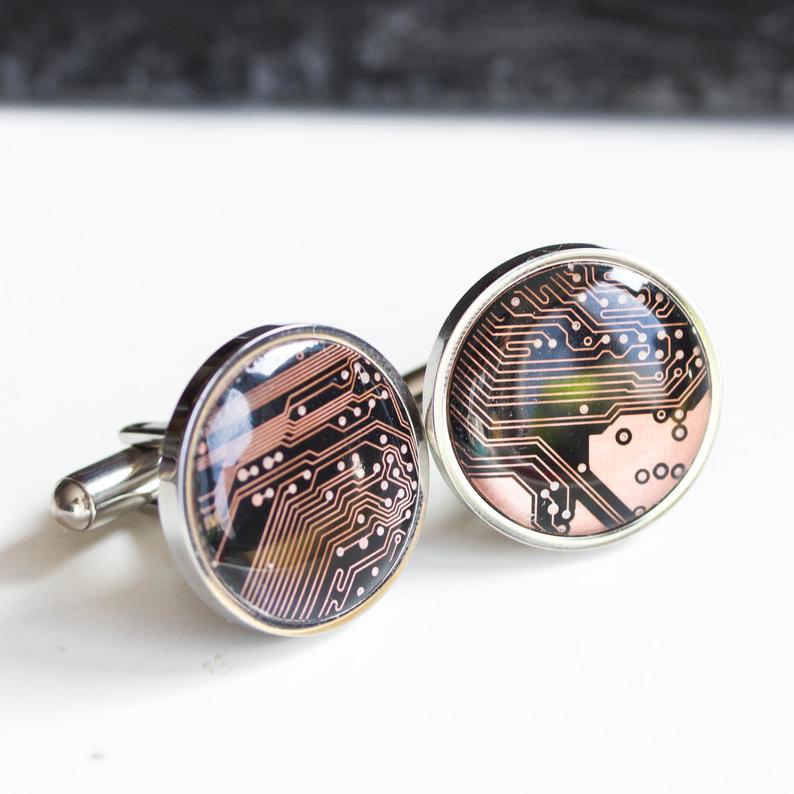 Black and Copper Cufflinks in stainless steel - unique circuit board cufflinks, gift for him
