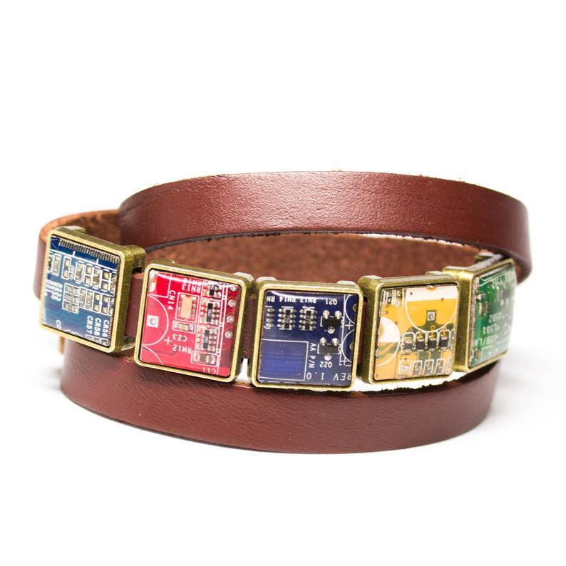 Wrap bracelet - black, brown or red leather, 5 or 8 circuit board beads, customizable
