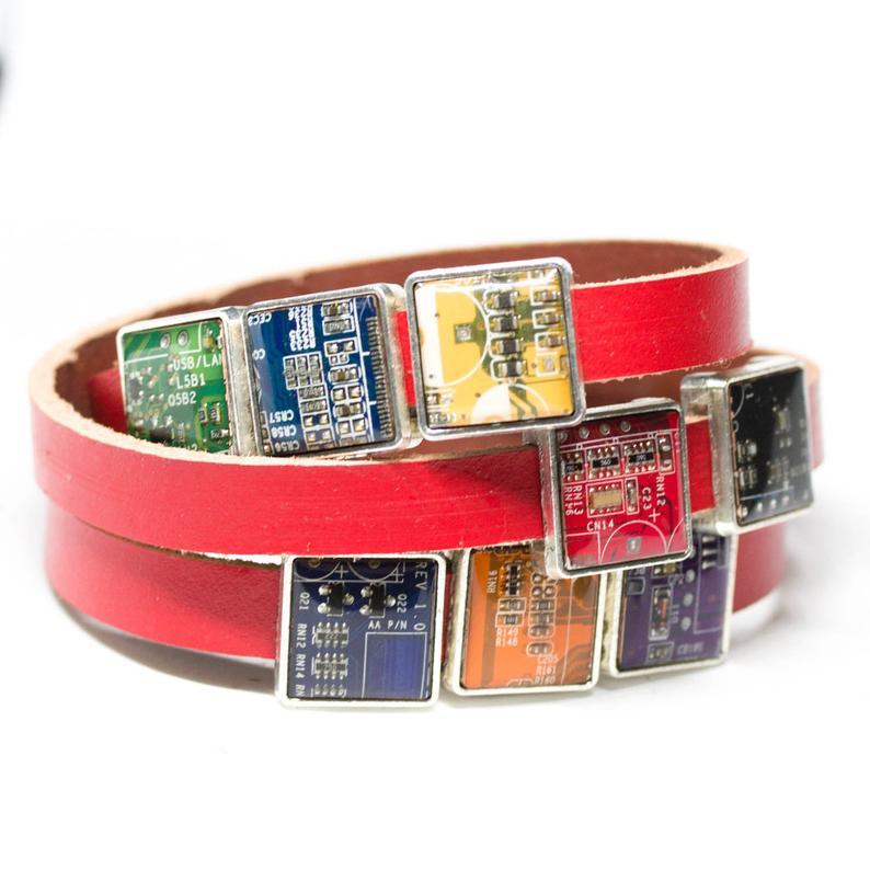 Wrap bracelet - brown, black or red leather, 5 or 8 circuit board beads, unisex bracelet, adjustable length