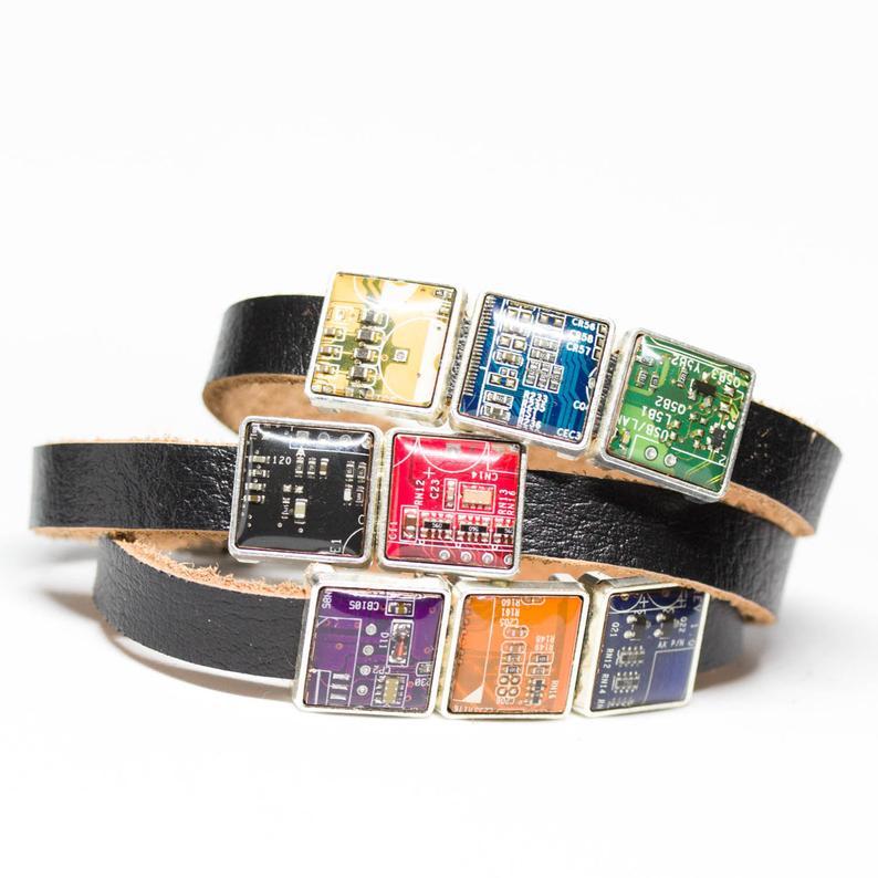 Wrap bracelet - brown, black or red leather, 5 or 8 circuit board beads, unisex bracelet, adjustable length