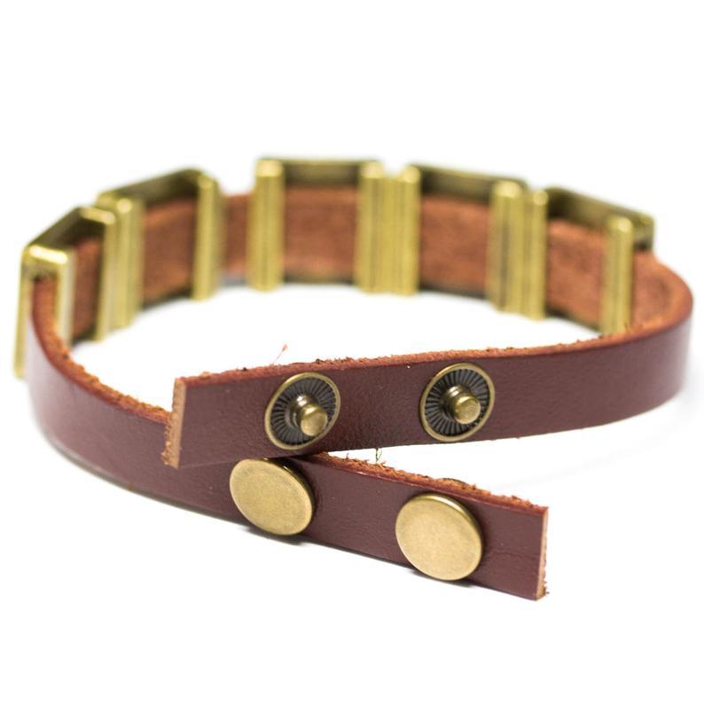 Short leather bracelet, 3 or 5 circuit board beads, unisex bracelet, in bronze