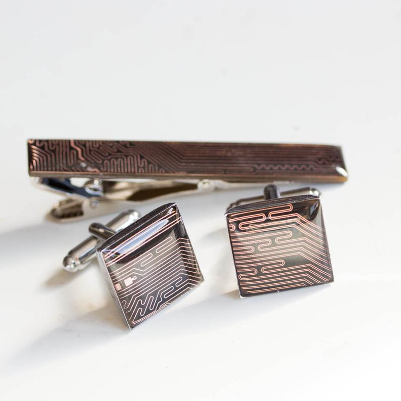 Black and Copper Cufflinks and tie clip set