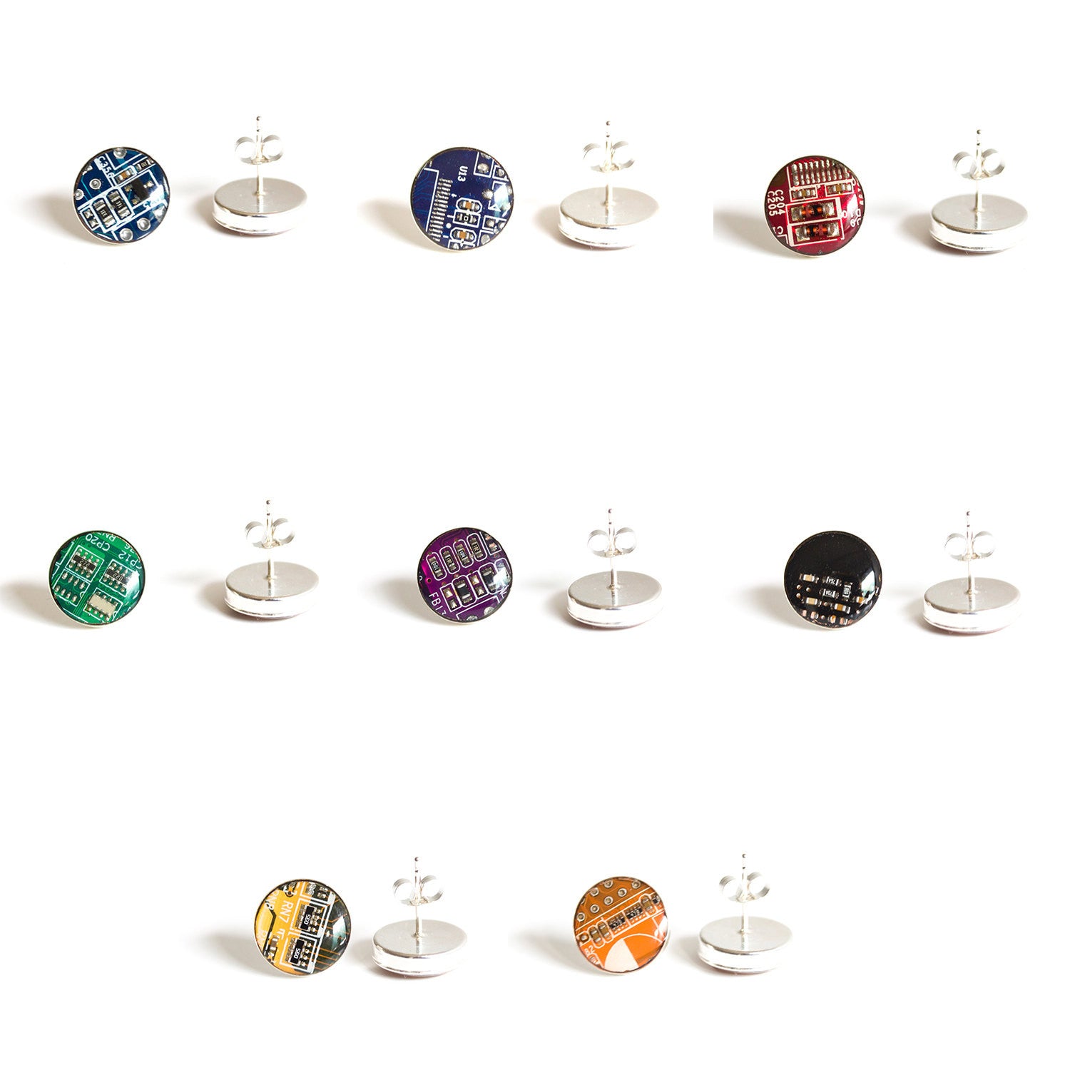 Sterling silver studs with Circuit board piece, 12 mm