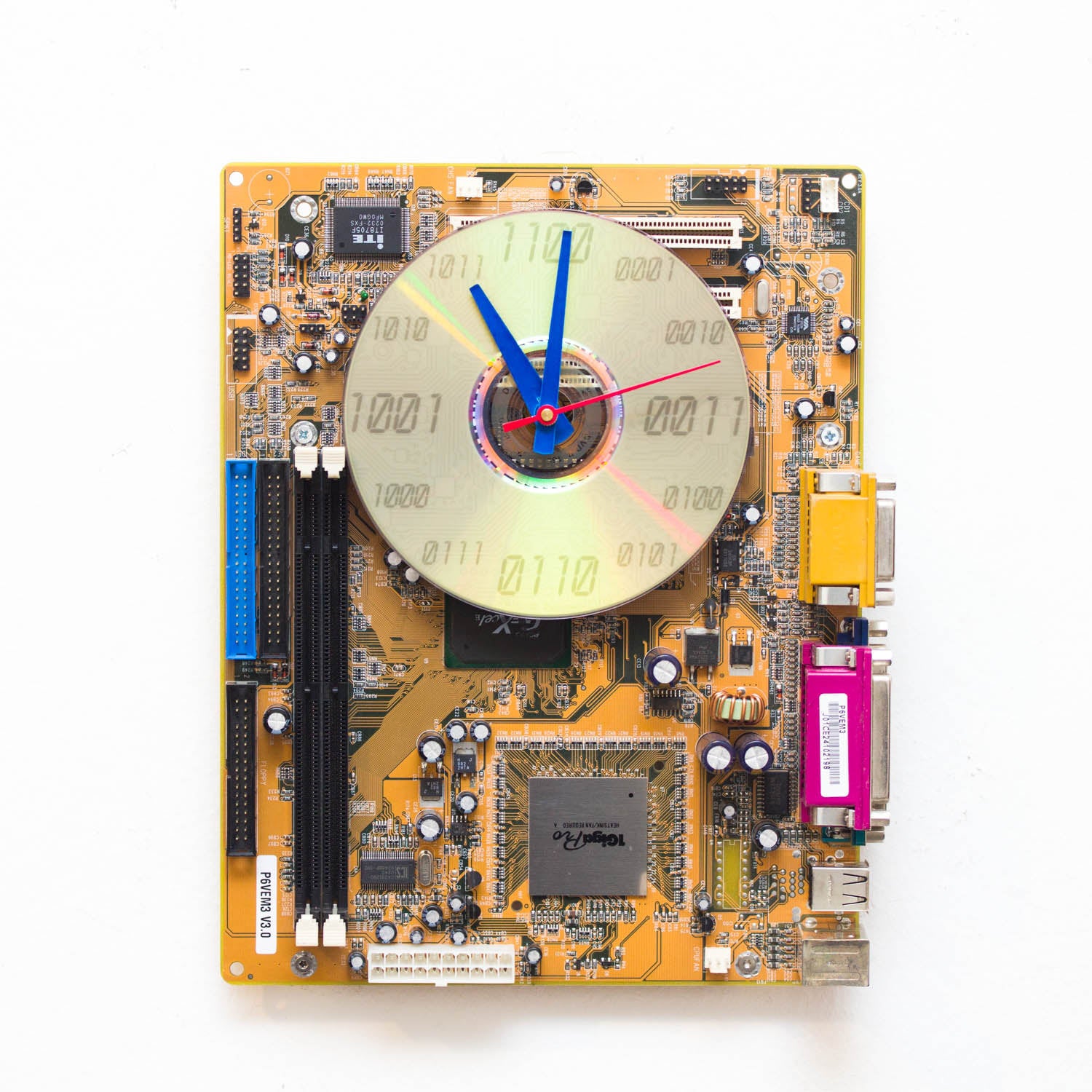 Techie Clock made of yellow / olive green circuit board
