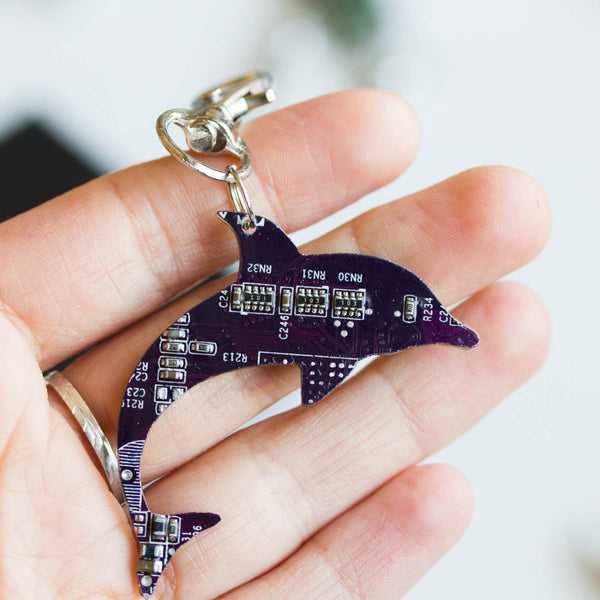 Circuit board dolphin - keychain or bag tag, recycled gift, computer n ...