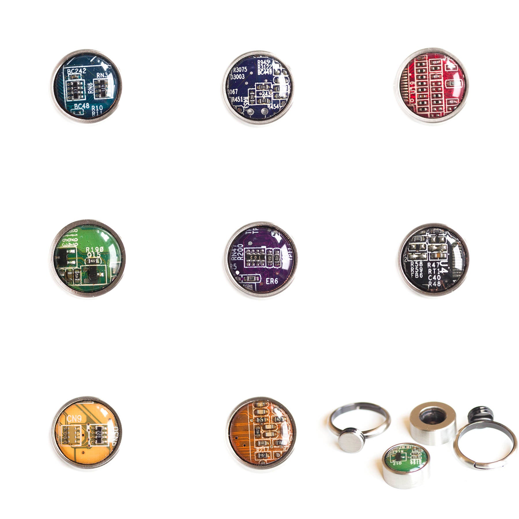 Rings with interchangeable buttons, recycled circuit board ring, unisex jewelry