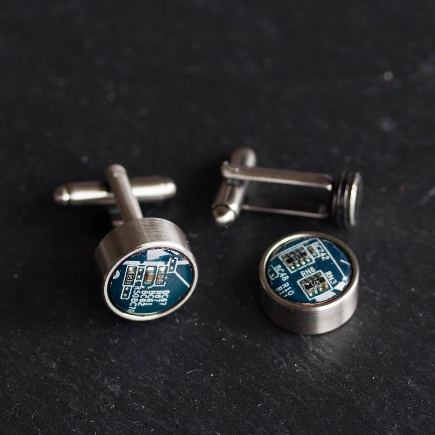 Cufflinks with interchangeable buttons, recycled circuit board cufflinks