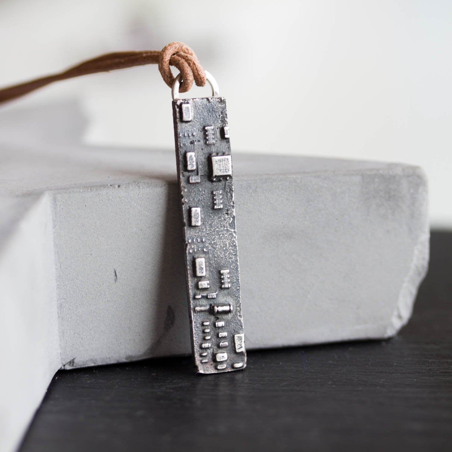 Melted circuit board necklace, argentium silver bar shaped as circuit board piece