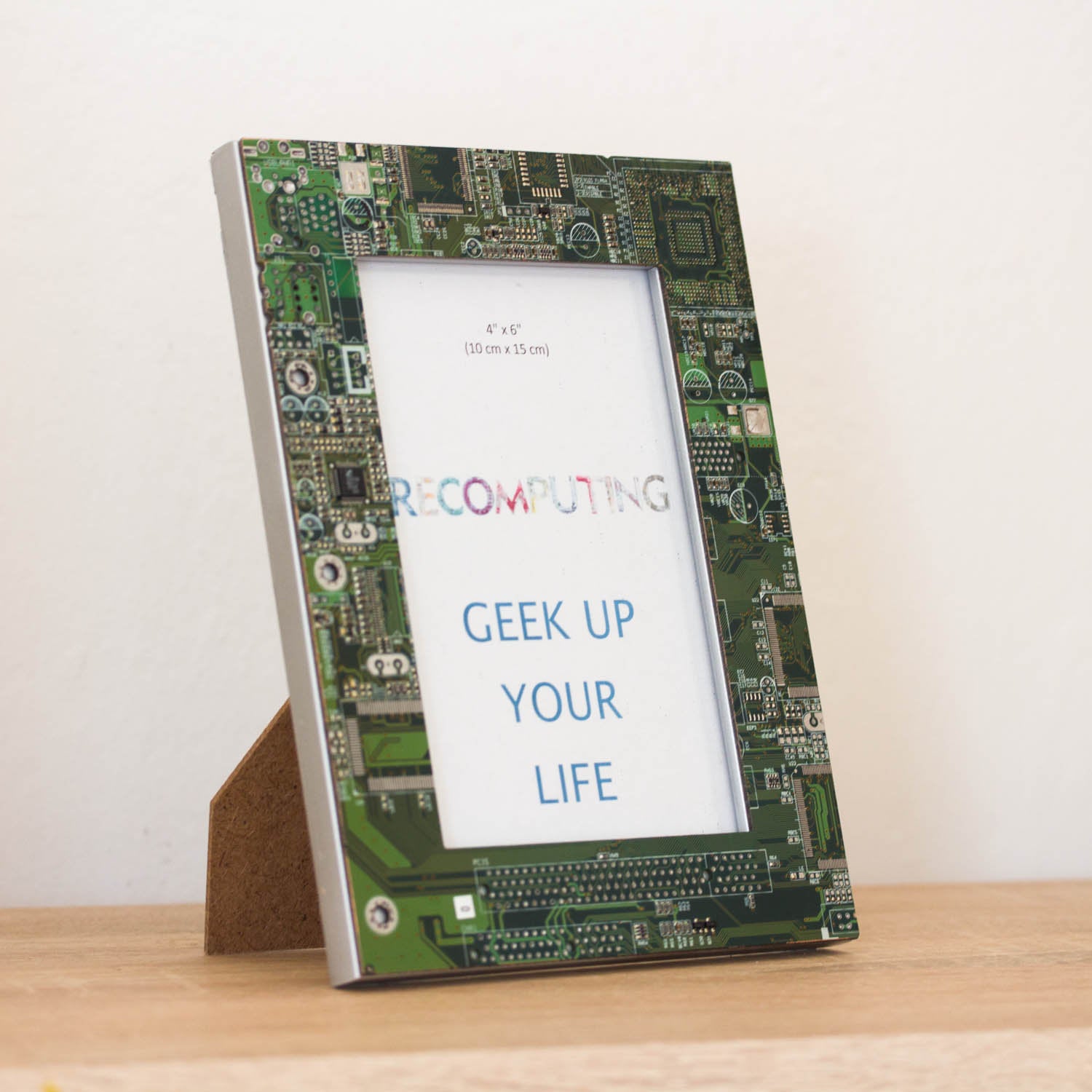 Picture frame, 4x6 inches, geek home decor, green circuit board photo frame with silver back