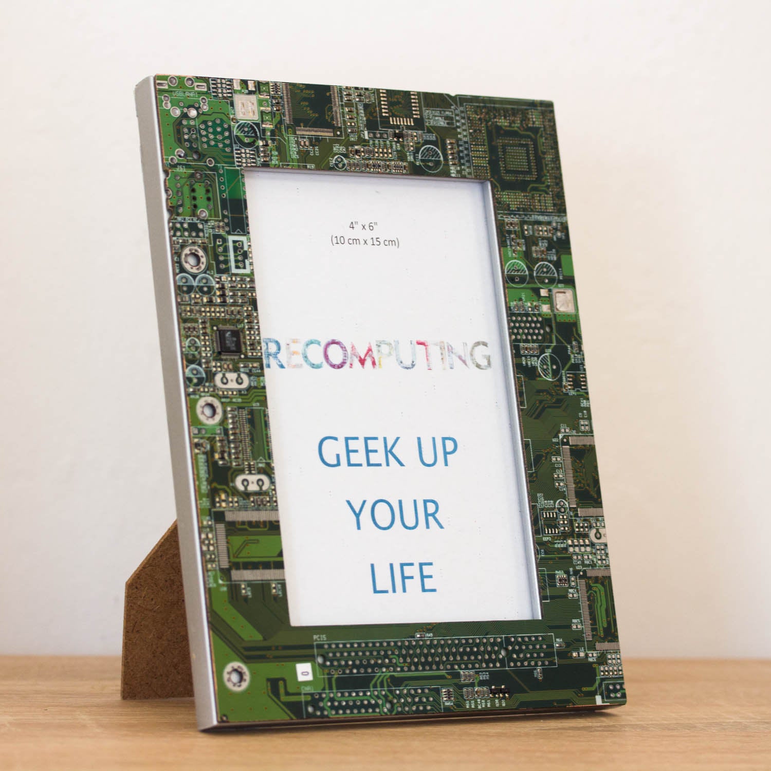 Picture frame, 4x6 inches, geek home decor, green circuit board photo frame with silver back