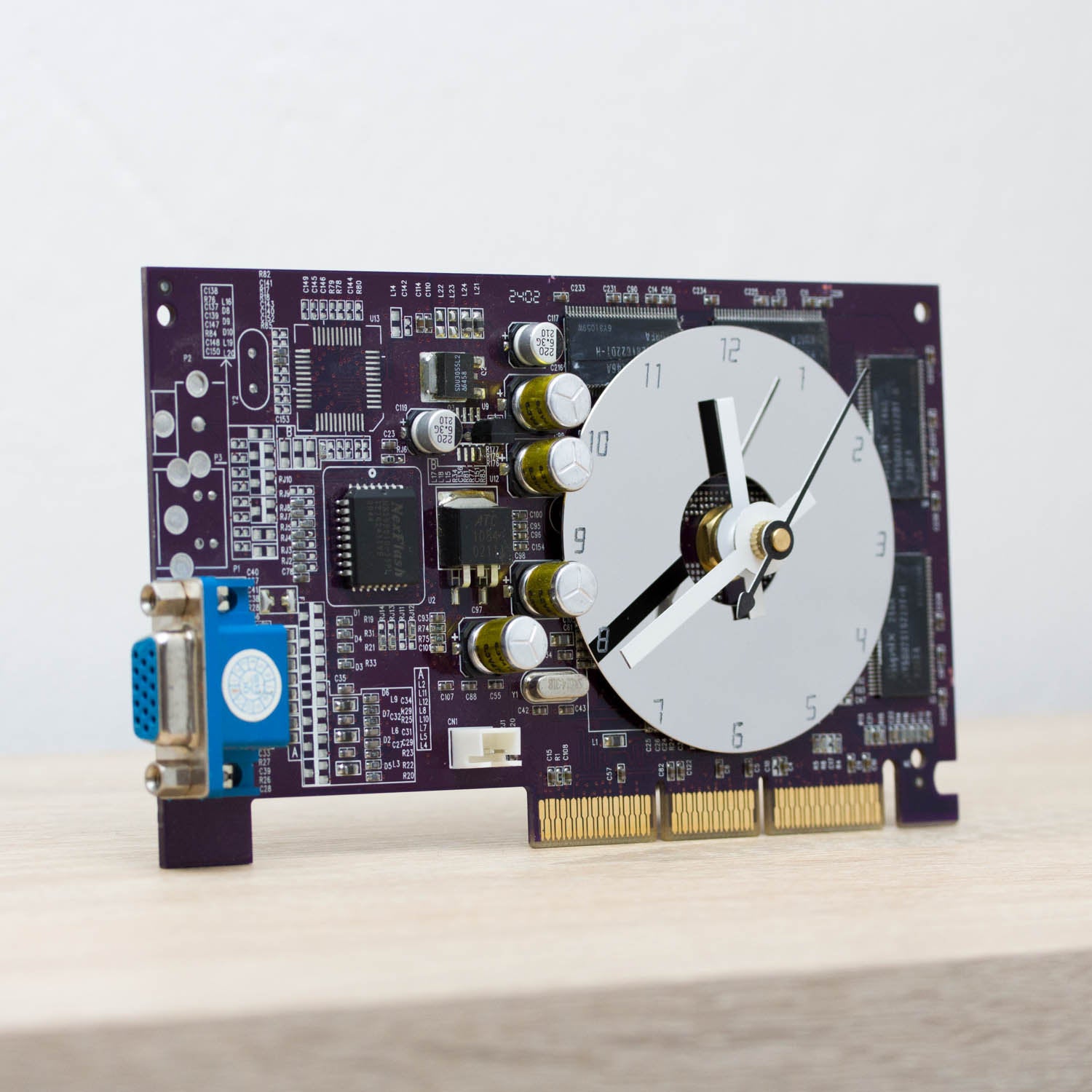 Desk clock - Recycled slim graphics card clock, unique office clock, purple circuit board