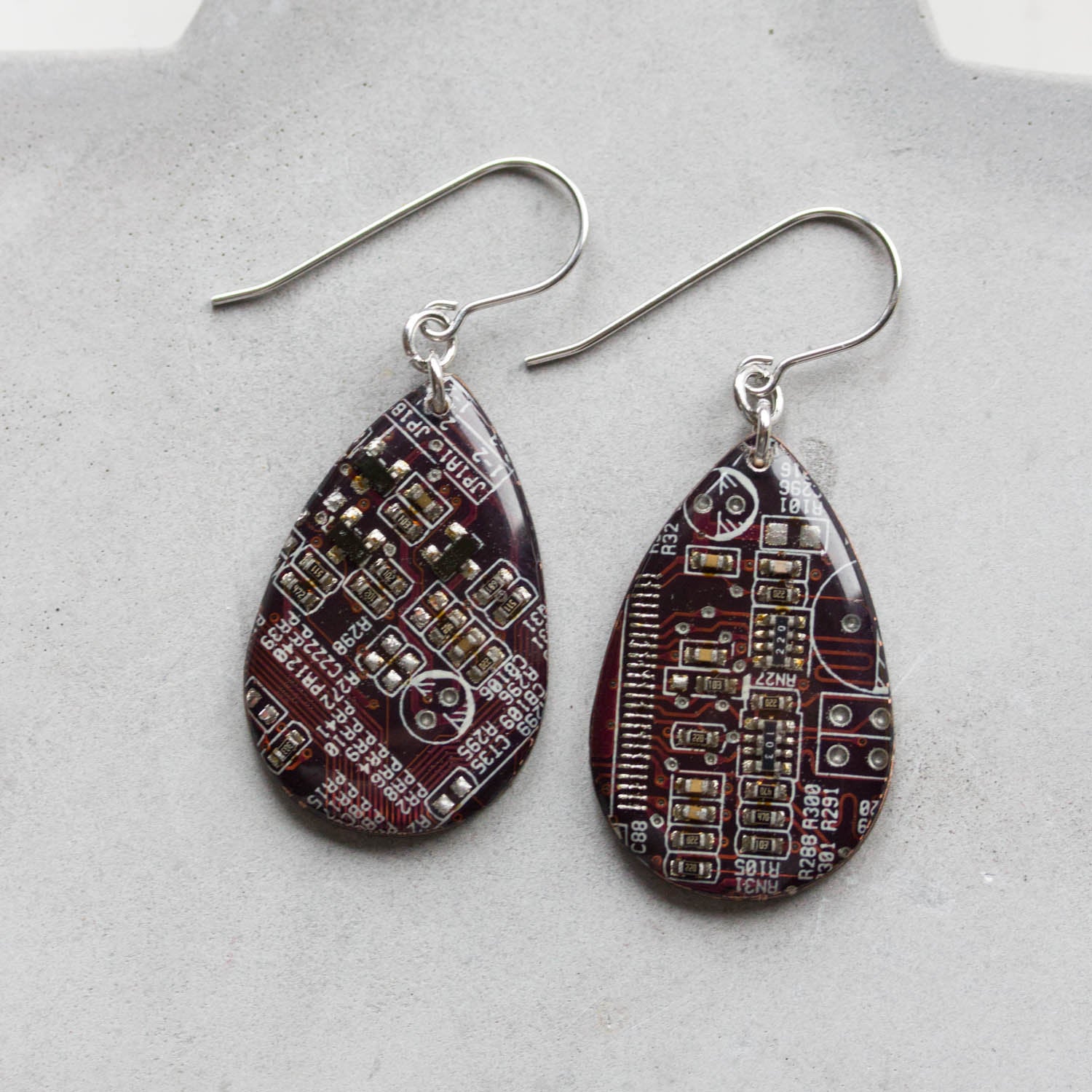 Circuit board earrings, purple dangle earrings, teardrop shape, recycled computers