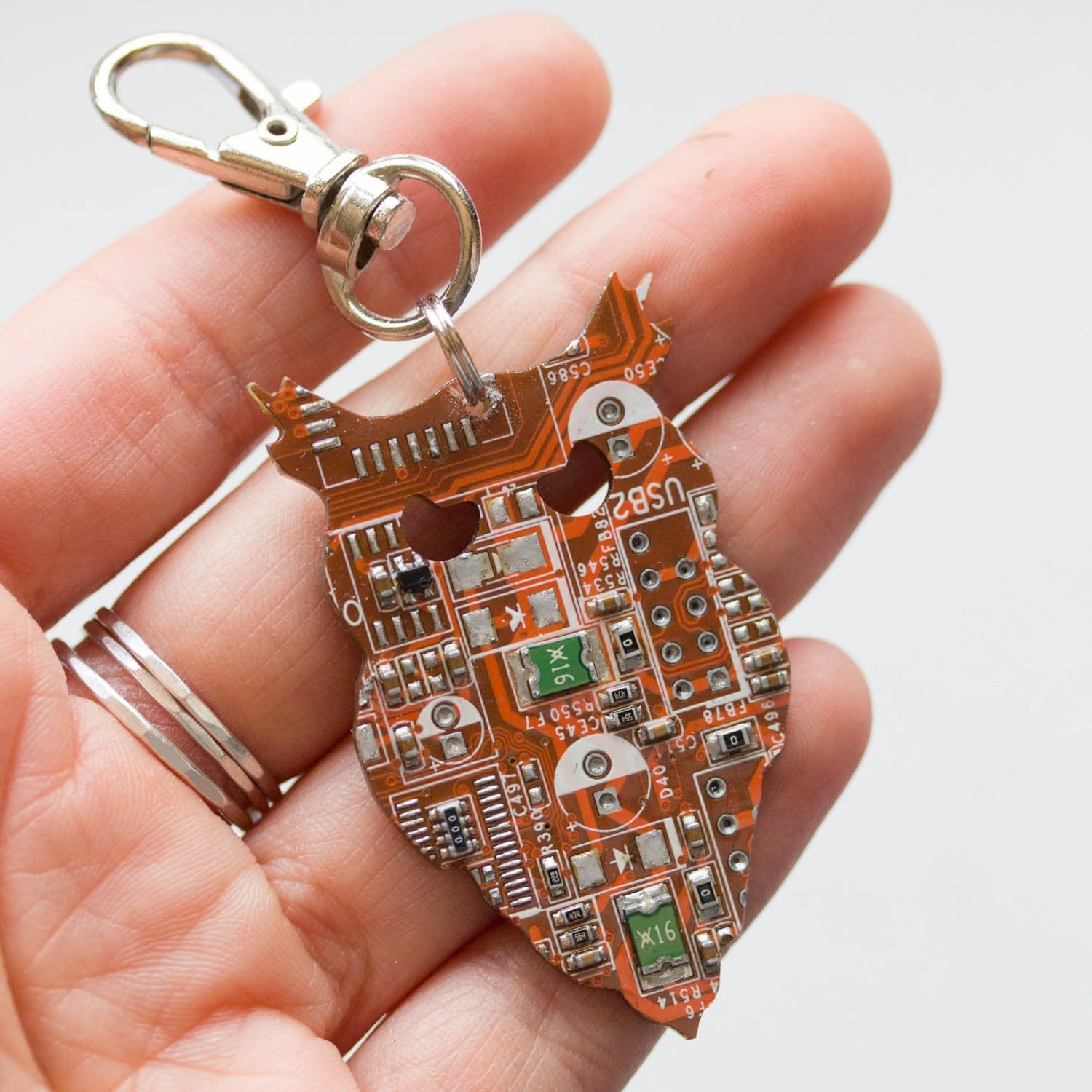 Circuit board owl keychain, recycled gift, computer nerd gift