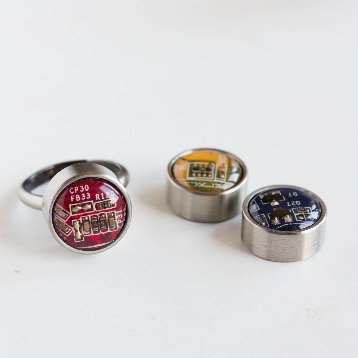 Ring with interchangeable buttons, recycled circuit board ring, unisex jewelry