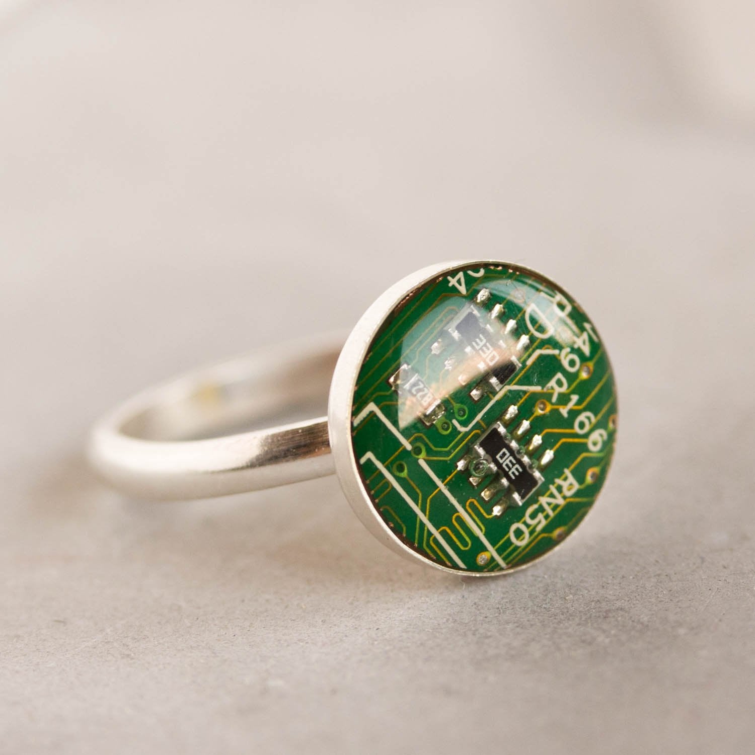 Sterling silver ring with real recycled circuit board piece