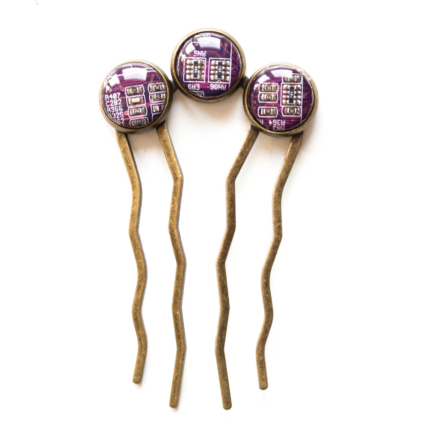 Colorful hair comb with three recycled circuit board pieces, unique hair accessory