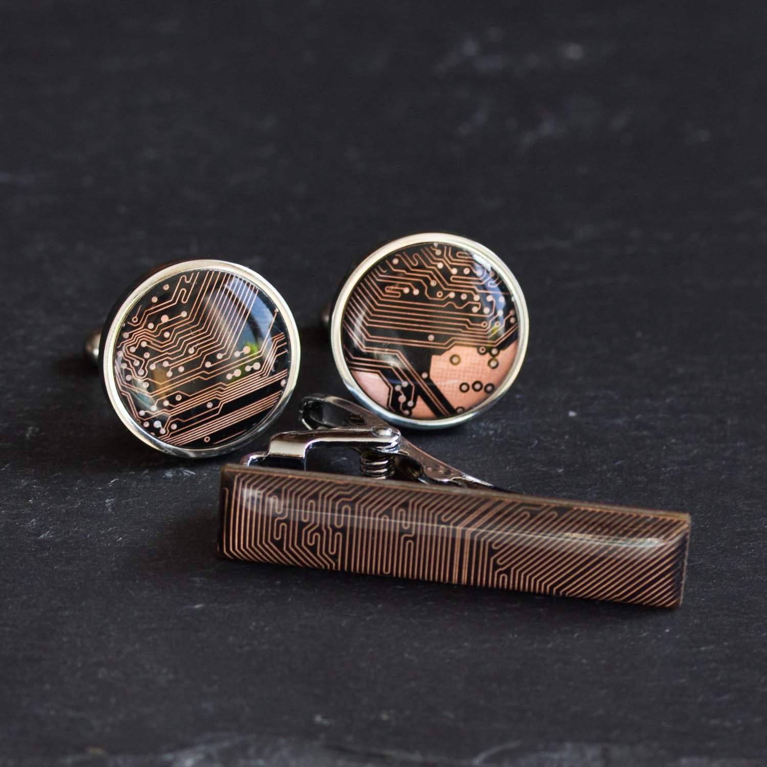 Black and Copper Cufflinks and tie clip set 