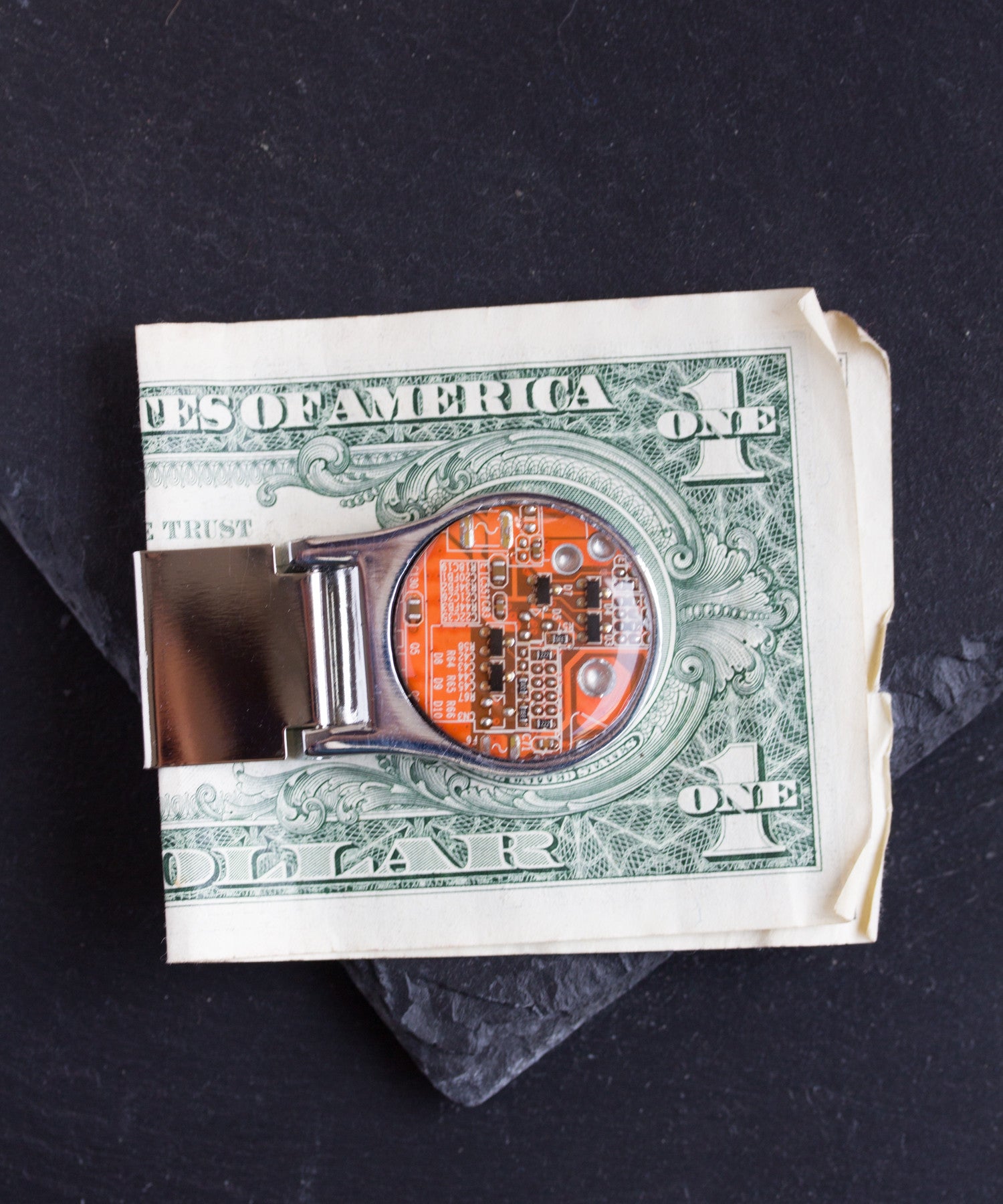 Money clip with circuit board piece