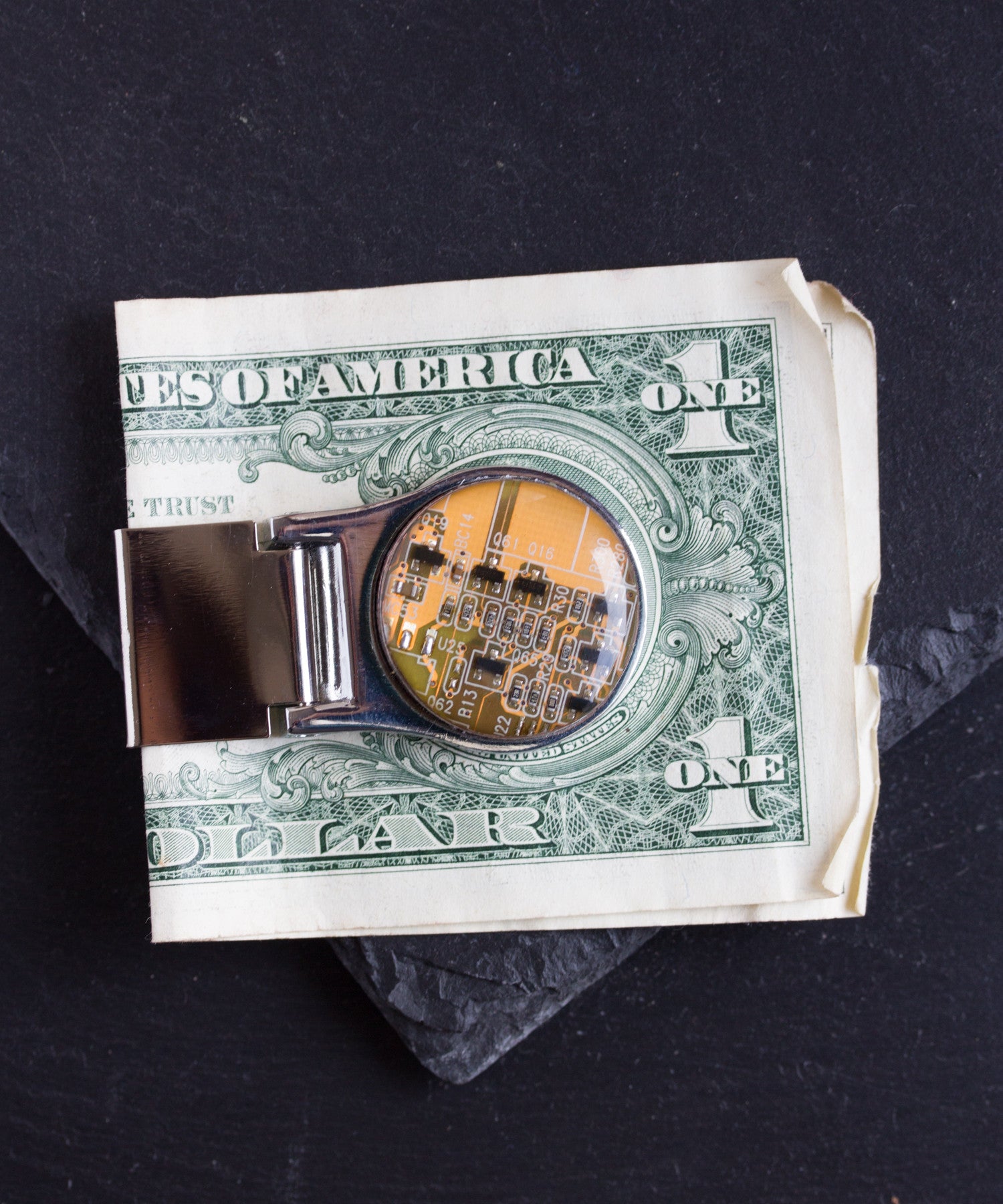 Money clip with circuit board piece